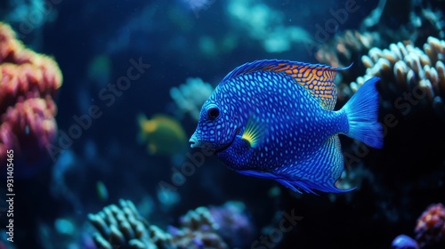 A vibrant blue fish swimming among colorful coral reefs.