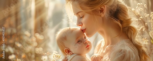 Young mother with blonde hair, holding and kissing her baby, tender and loving bond.