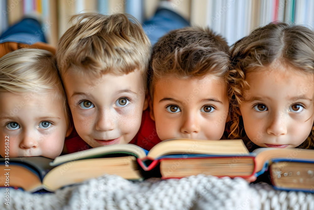 Group of Four Children Enjoying Books Together Group of Four Children Enjoying Books Together
