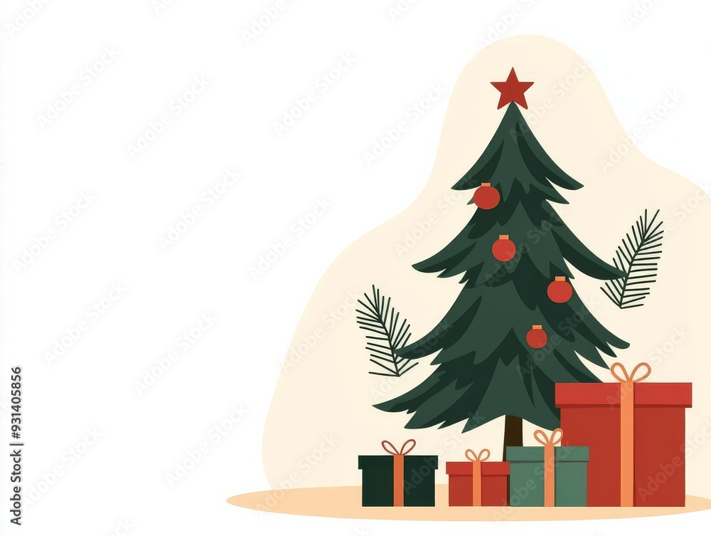 Fototapeta premium Holiday giveaway, Christmas tree surrounded by gifts, flat design illustration