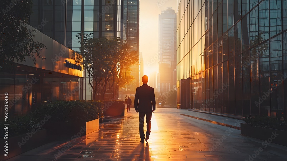 Hyper-realistic image of a man in a suit walking reluctantly towards an office building in the early morning. Hyper-realistic image of a man in a suit walking reluctantly towards an office building in the early morning.