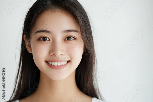 Asian woman positive smile on white background, beauty positive smile