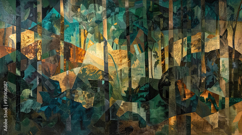 Abstract painting with geometric patterns earthy tones modern art design forest inspired photo