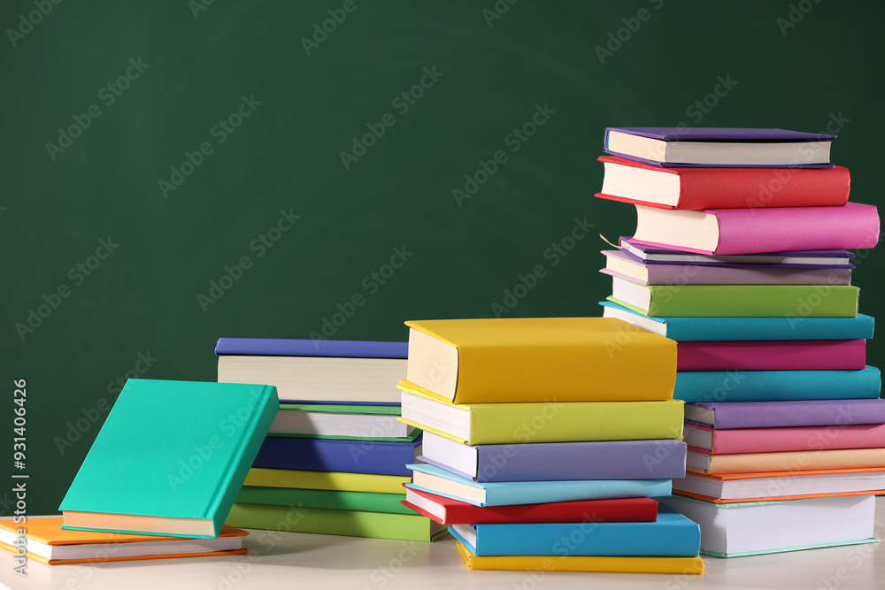 Stacks of many colorful books on white table near chalkboard in classroom. Space for text Stacks of many colorful books on white table near chalkboard in classroom. Space for text