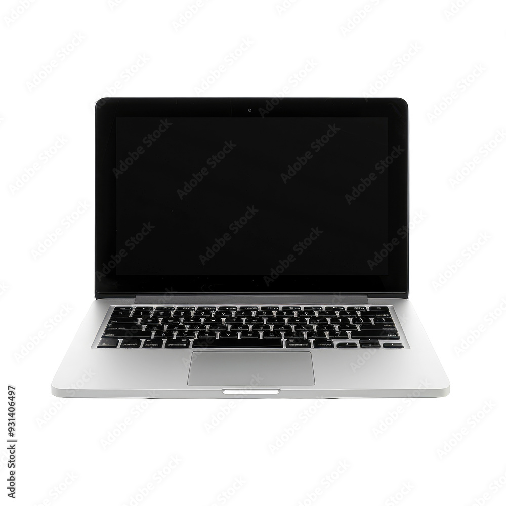 Front view of a modern generic silver metallic laptop with a blank black screen Front view of a modern generic silver metallic laptop with a blank black screen
