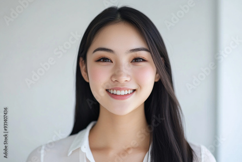 Asian woman positive smile on white background, beauty positive smile