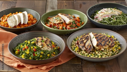 Five bowls of healthy food with grilled chicken breast, vegetables, and grains on a wooden table