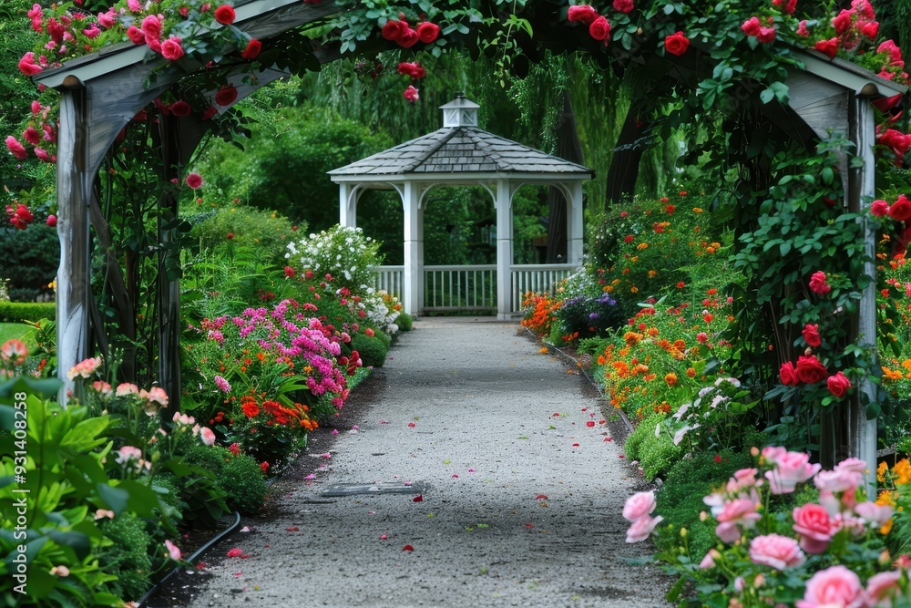 A peaceful garden path lined with blooming roses in various colors, leading to a charming white gazebo. A peaceful garden path lined with blooming roses in various colors, leading to a charming white gazebo.