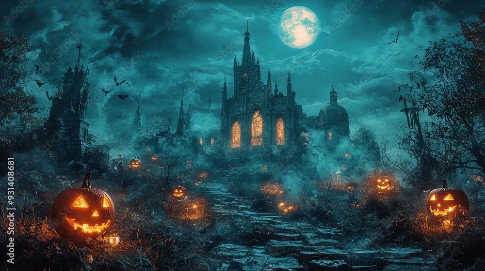 A spooky Halloween night scene featuring a haunted gothic church, glowing jack-o-lanterns, and a full moon with flying bats. A spooky Halloween night scene featuring a haunted gothic church, glowing jack-o-lanterns, and a full moon with flying bats.