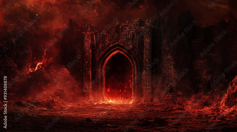 Obraz premium A fiery entrance to a dark realm surrounded by molten lava and jagged rocks at twilight