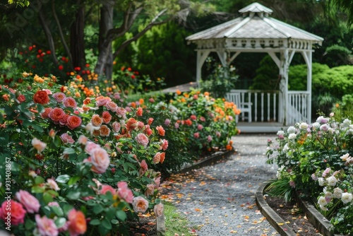 A peaceful garden path lined with blooming roses in various colors, leading to a charming white gazebo.