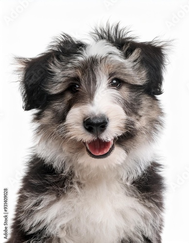 笑顔のビアデッド・コリーの子犬のポートレート（Portrait of a smiling Bearded Collie puppy on white background） 