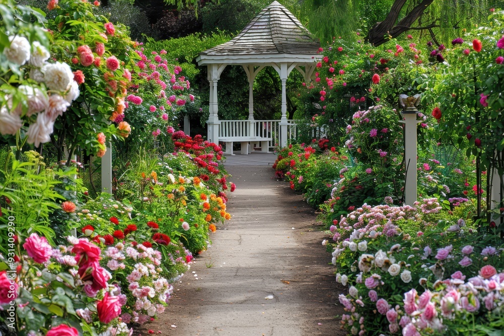 A peaceful garden path lined with blooming roses in various colors, leading to a charming white gazebo. A peaceful garden path lined with blooming roses in various colors, leading to a charming white gazebo.