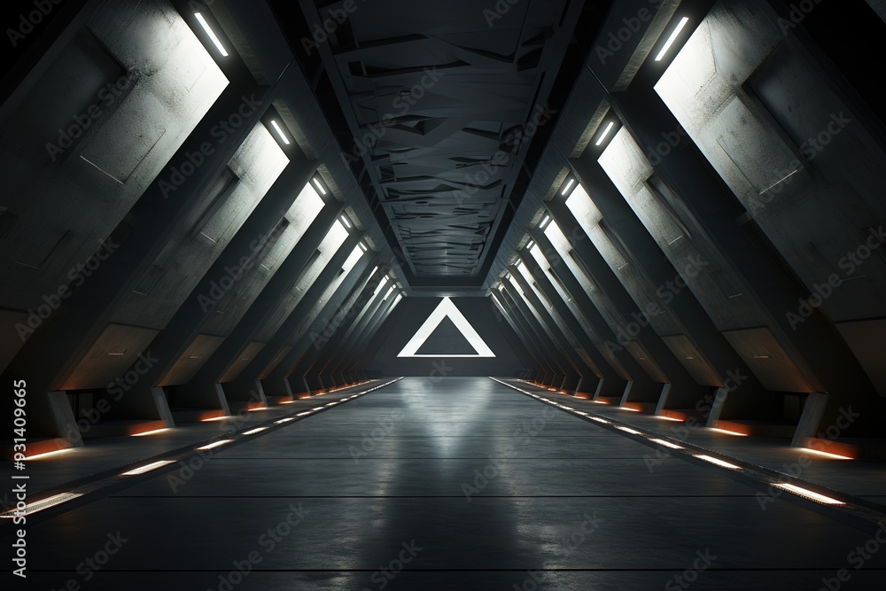 Futuristic corridor with glowing lights and a triangular opening. Futuristic corridor with glowing lights and a triangular opening.
