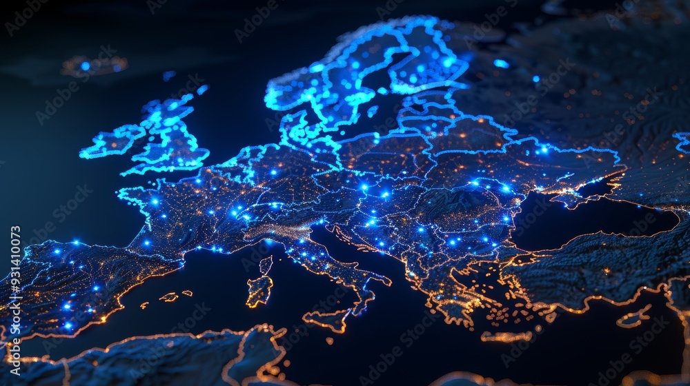 Obraz premium Illuminated Network Map of Europe at Night Highlighting Major Cities and Infrastructure.