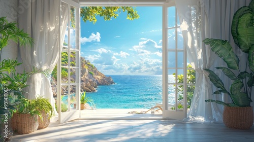 A stunning panoramic view of the ocean from a luxurious guesthouse terrace. Perfect for travel, vacation, and relaxation-themed designs.