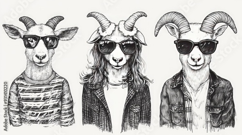 Three goats wearing sunglasses and casual clothing.