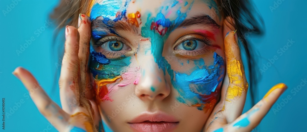 Obraz premium Young girl with face and hands covered in colorful paint, expressing creativity and playfulness. Free copy space for text.