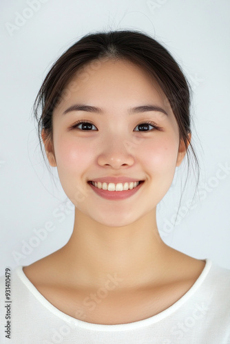 Asian woman positive smile on white background, beauty positive smile