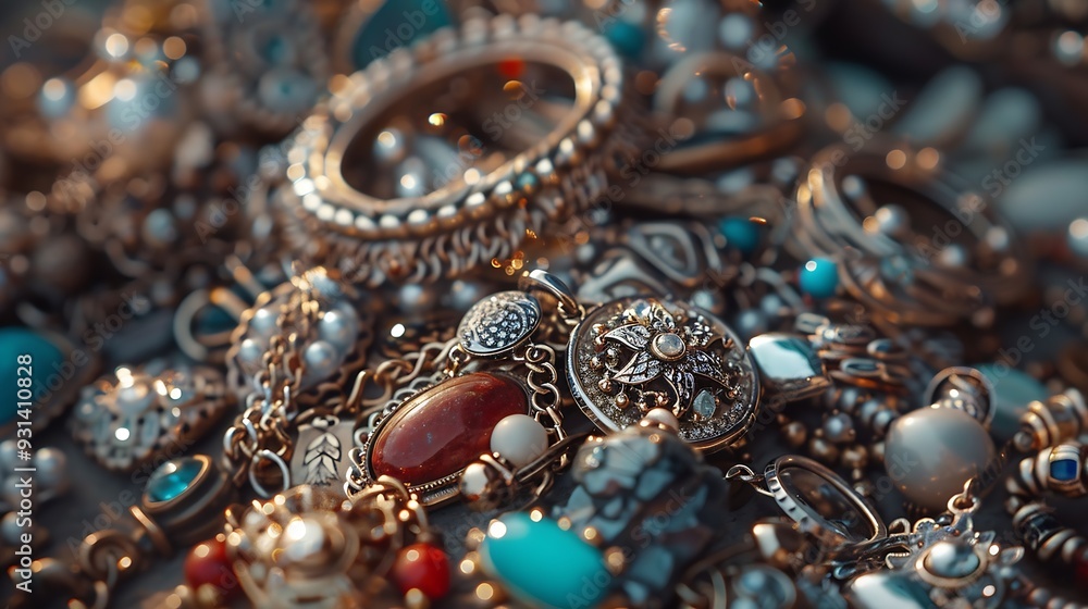 Scattering of different jewelry on a flea market counter : Generative AI Scattering of different jewelry on a flea market counter : Generative AI