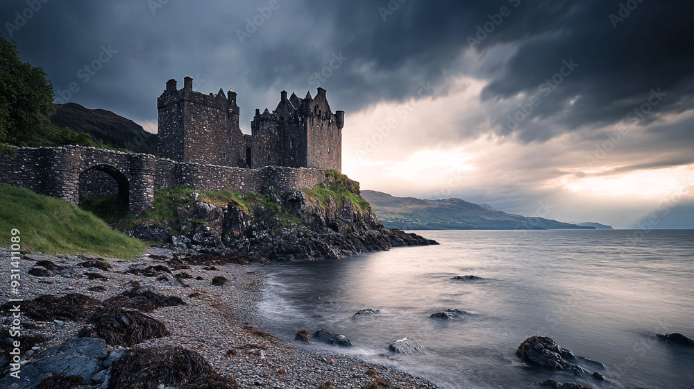 Ancient castle beside a tranquil loch under an atmospheric sky at dusk Ancient castle beside a tranquil loch under an atmospheric sky at dusk