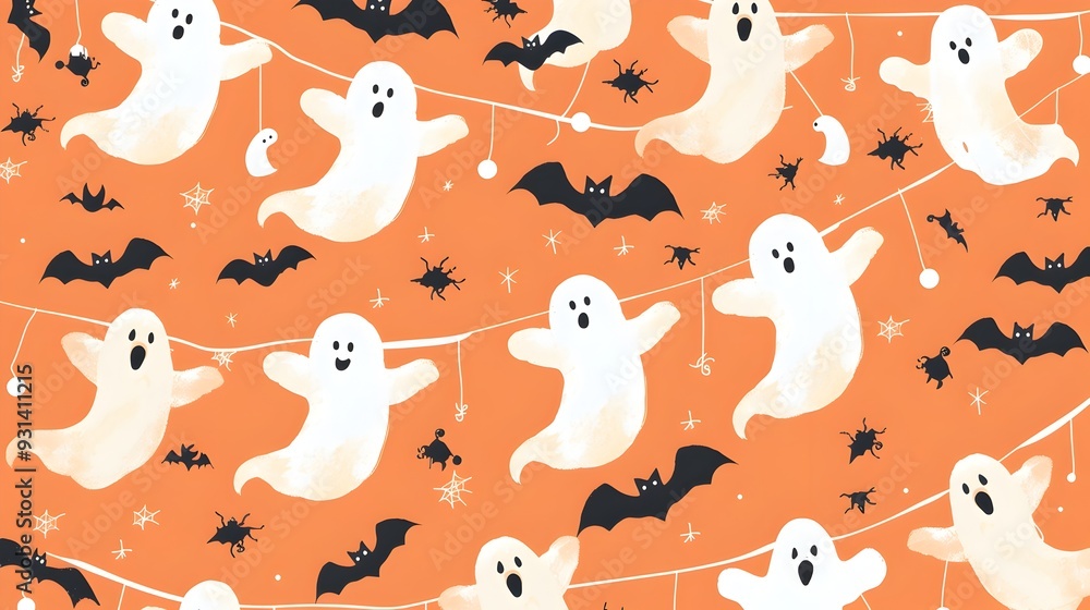 Playful Ghost Garland Pattern in Cheerful Halloween Banner Background Playful Ghost Garland Pattern in Cheerful Halloween Banner Background