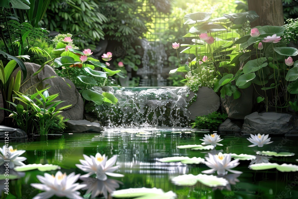 A serene scene of a garden pond surrounded by blooming water lilies and lush greenery. A serene scene of a garden pond surrounded by blooming water lilies and lush greenery.