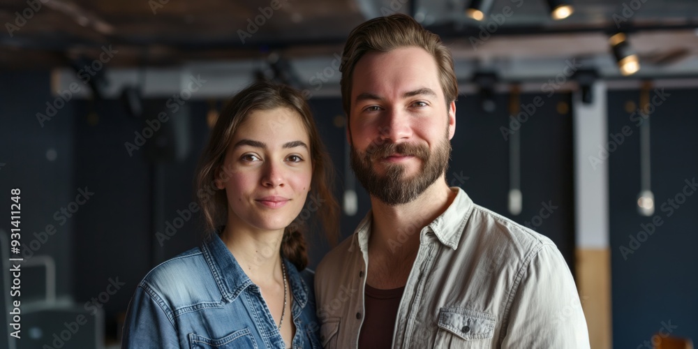 A man and a woman are smiling for the camera. The man has a beard and the woman has long hair A man and a woman are smiling for the camera. The man has a beard and the woman has long hair