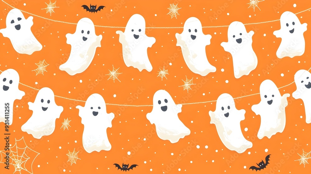 Playful Ghost Garland Pattern in Cheerful Halloween Banner Background Playful Ghost Garland Pattern in Cheerful Halloween Banner Background