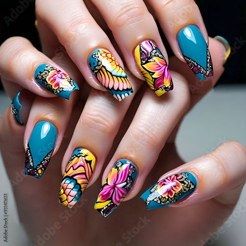 
 Colorful Abstract Nail Art Design with Bold Patterns on Long Coffin-Shaped Nails for a Vibrant and Artistic Look

 photo