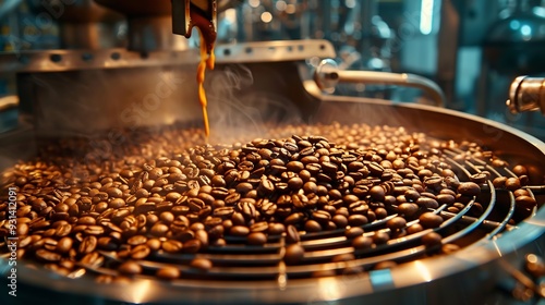 The freshly roasted coffee beans from a large coffee roaster in the cooling cylinder : Generative AI photo