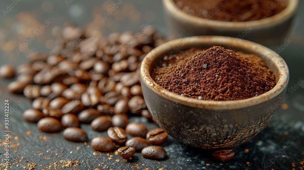 Ground coffee Roasted coffee beans ground coffee and instant coffee in bowls at dark background : Generative AI Ground coffee Roasted coffee beans ground coffee and instant coffee in bowls at dark background : Generative AI