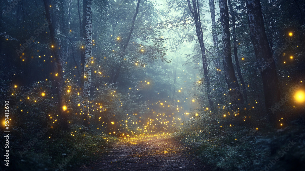 Naklejka premium Enchanted forest path illuminated by fireflies during twilight