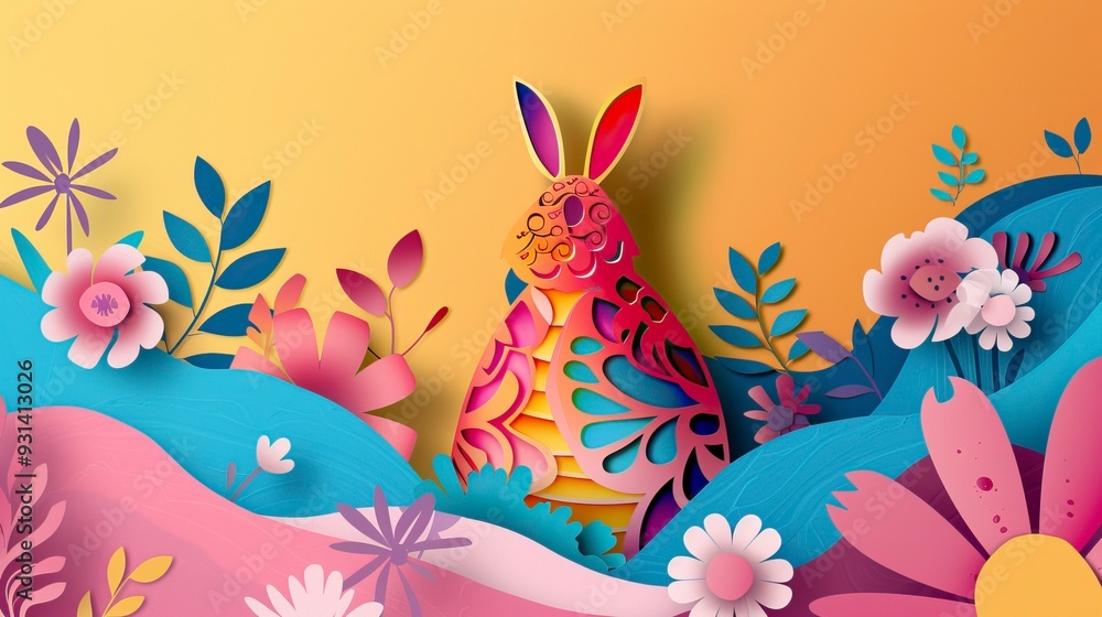 Obraz premium Happy easter colorful paper cut rabbit egg card