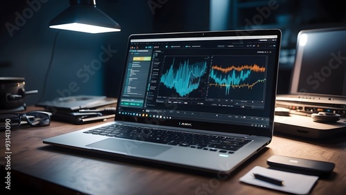 Data analytics report, infographic with graph and chart on abstract background, crypto and stock finance business economic money market chart report