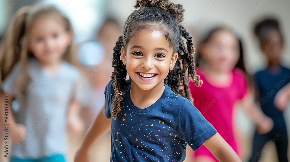 A happy little girl beams with joy, surrounded by friends in the background. A happy little girl beams with joy, surrounded by friends in the background.