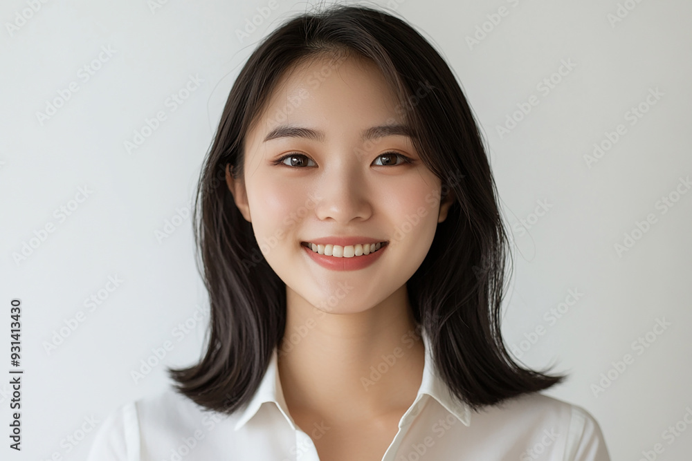 Asian woman positive smile on white background, beauty positive smile