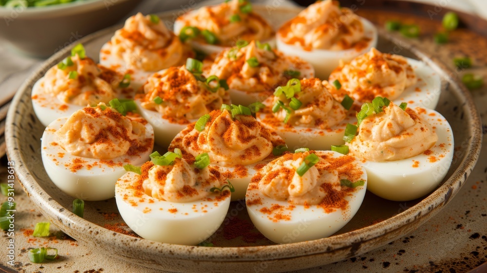 Close Up of Delicious Deviled Eggs Garnished with Paprika and Fresh Chives on a Rustic Plate Close Up of Delicious Deviled Eggs Garnished with Paprika and Fresh Chives on a Rustic Plate