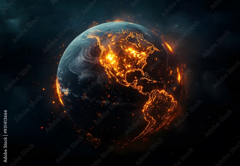A realistic earth with the lights of cities burning on it, dark background, black sky, orange light from flames, global warming concept, A realistic earth with the lights of cities burning on it, dark background, black sky, orange light from flames, global warming concept,