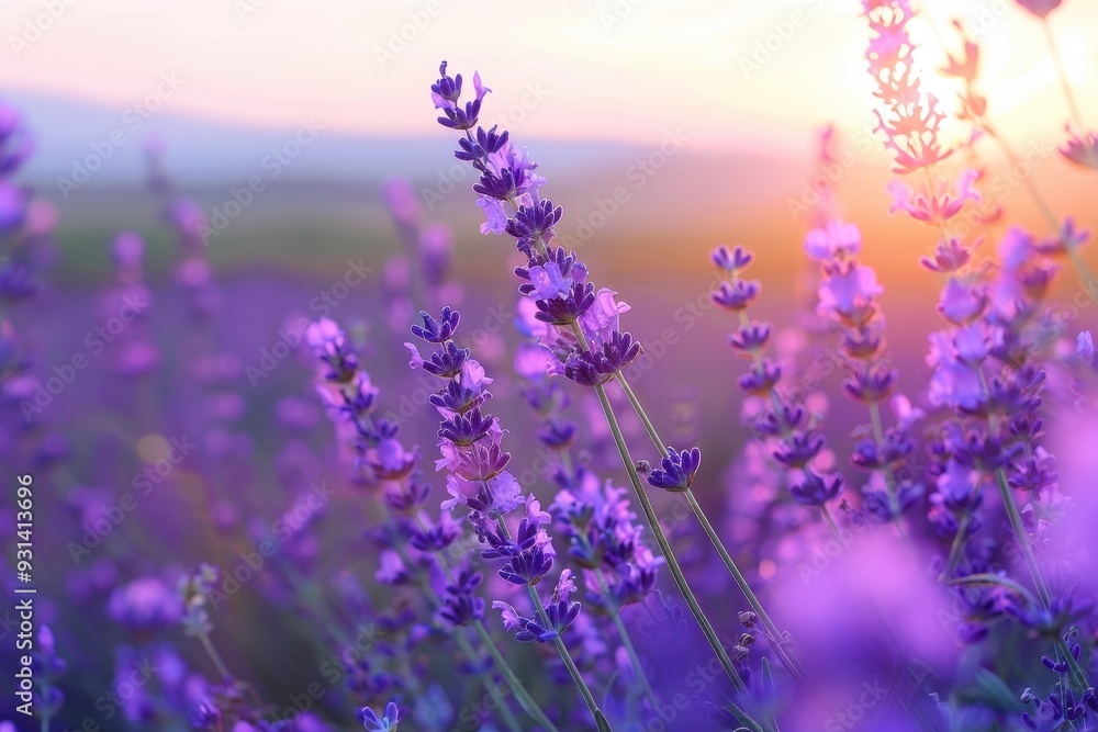 A serene scene of lavender fields at sunset, with the purple flowers glowing in the soft evening light A serene scene of lavender fields at sunset, with the purple flowers glowing in the soft evening light