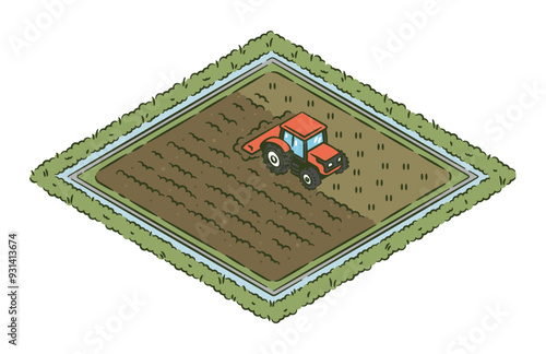 Plowing the soil with a tractor, isometric illustration