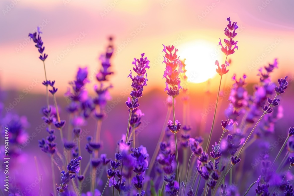 Obraz premium A serene scene of lavender fields at sunset, with the purple flowers glowing in the soft evening light
