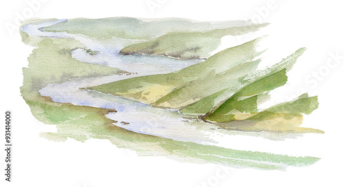 Scenery landscape ground, lake pool river stream water, moorland pasture prairie grassy land, hand drawn in watercolor. Single isolated element for tourism, resort ads, hiking camping sites vacation.