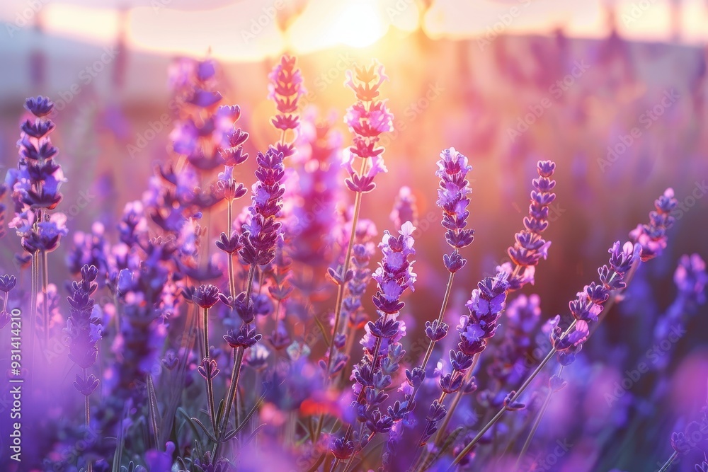 Fototapeta premium A serene scene of lavender fields at sunset, with the purple flowers glowing in the soft evening light