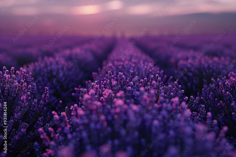 Obraz premium A serene scene of lavender fields at sunset, with the purple flowers glowing in the soft evening light