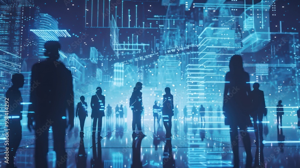 Silhouettes of People in a Futuristic Digital Cityscape Silhouettes of People in a Futuristic Digital Cityscape