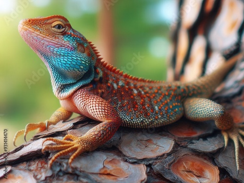 An Oriental garden lizard lounging on a pine tree branch photo