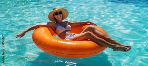 Woman in white bikini and straw hat relaxes in blue pool floating on bright orange inflatable ring.