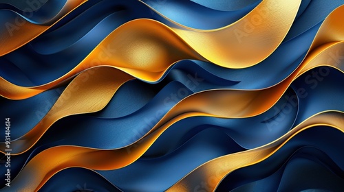 Design an abstract background with flowing ribbons in blue and gold. Ensure the design conveys a sense of luxury and elegance with seamless, fluid lines and rich colors photo