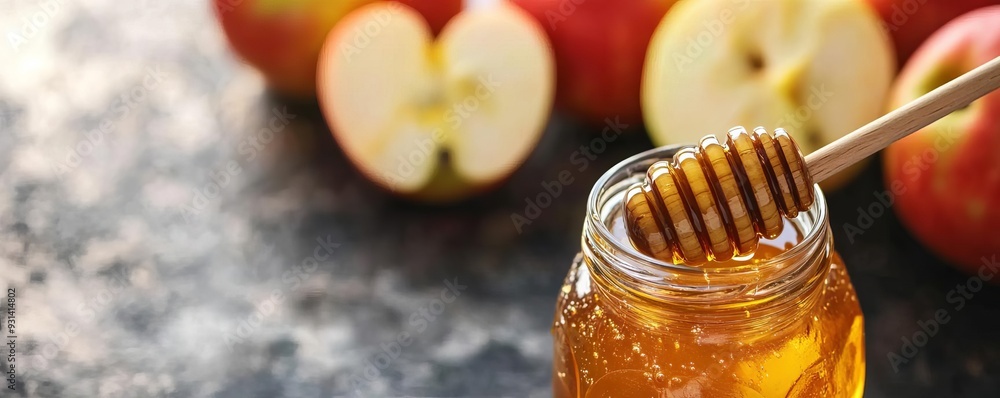 Rosh Hashanah honey jar with a wooden dipper, apples in the background, rich and inviting textures, no people, Rosh Hashanah honey, sweet new year Rosh Hashanah honey jar with a wooden dipper, apples in the background, rich and inviting textures, no people, Rosh Hashanah honey, sweet new year